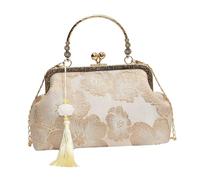 F Fityle Kiss Lock Crossbody Purse Banquet Floral Pattern Wedding Tote Chain Shoulder Bag