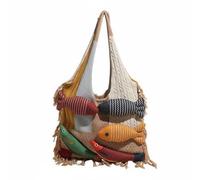 F Fityle Knitted Tote Patchwork Fishes Cotton Shoulder Bag With Tassel Fringe And Spacious Internal Compartment Suitable for Daily Commute Gift Giving Casual Outings Student Use, Khaki