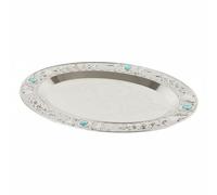 F Fityle Silver Serving Tray Oval Platter Dessert Plate Fruit Plate With Embossed Floral Border Accents Iron Design Suitable for tea time holiday parties home décor 31.5x24x1cm