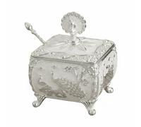 F Fityle Square Condiment Jar Sugar Bowl Peacock Lid Footed Container Serving Pot Storage Canister Zinc Alloy and Glass Ornate Table Suitable for Tea time, Square