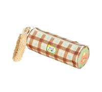 F Fityle Stationery Pouch Pencil Case Pen Bag Zipper Organizer with Soft Exterior and Checkered Detail Spacious Cylinder and Handle Strap for School Office Organization, Brown, Beige Brown Plaid