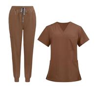 F Fityle Uniform Scrub Set Workwear Nurse Top and Pants with Pockets Womens Work Clothing Short Sleeve Work Suit for Beauty Salon, Brown, M