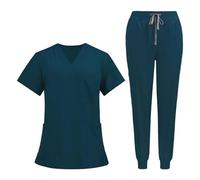 F Fityle Uniform Scrub Set Workwear Nurse Top and Pants with Pockets Womens Work Clothing Short Sleeve Work Suit for Beauty Salon, Blue, M