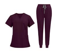 F Fityle Uniforms Scrub Set Workwear Nurse Top And Pants with Pockets Womens Work Clothing Short Sleeve Work Suit for Beauty Salon SPA, Dark Red, M
