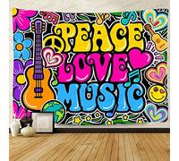 F-FUN SOUL Peace Love and Music Tapestry, 90x84inches Soft Flannel, Guitar Symbol Dove Flowers Psychedelic Art Tapestries Wall Hanging for Bedroom Living Room Decor Banner GTZYFS1204