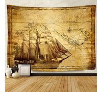 F-FUN SOUL Pirate Treasure Map Sailing Ship Drawing Tapestry, Large 80x60inches Soft Flannel, Old Ancient Pattern Wall Hanging Tapestries for Living Room Bedroom Decor DSFS1038