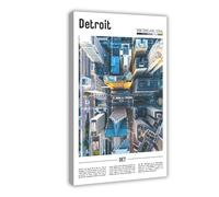 F I N U C B Detroit Aerial View Michigan USA Canvas Art - Bird's Eye City Skyline & River Landscape Print, Urban Perspective Wall Decor for Office Frame 16x24inch