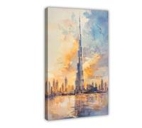 F I N U C B Dubai Watercolor Poster Dubai Travel Print Wall Art Cityscape Painting Souvenir UAE Skyline Decor Canvas Deco Prints Frame 12x18inch