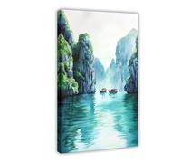 F I N U C B Ha Long Bay Watercolor Poster Ha Long Bay Travel Print Vietnam Wall Art Decor Limestone Islands Seascape Nature Print Canvas Deco Prints Frame 12x18in