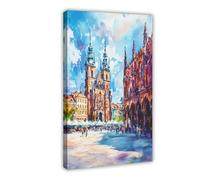 F I N U C B Krakow Watercolor Poster Wall Art Krakow Wall Hanging Home Décor Gift Art Lovers Poland Travel Poster Gift Canvas Deco Prints Frame 24x36inch
