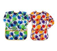 F in Awesome 2 Pack Kids Art Smock Toddler Children Painting Apron, kids Apron Long Sleeves With 3 Pockets Age 3-8 Years,Girls apron, painting, cooking, creating, DIY (blue with yellow)