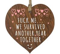 F**k Me We Survived Another Year Hanging Wooden Heart Sign Plaque - Cute Anniversary Birthday Valentines Gifts for Girlfriend Wife Dark Wood Hearts Sign, Rude Romantic I Love You Gifts for Her Him