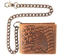 F&L CLASSIC RFID Blocking Mens bi-fold Style Cowhide Leather Steel Chain Wallet,USA, brown Eagle flag, Embossed Wallet