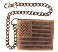 F&L CLASSIC RFID Blocking Mens bi-fold Style Cowhide Leather Steel Chain Wallet,USA, brown flag, Embossed Wallet