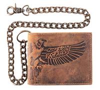 F&L CLASSIC RFID Blocking Mens bi-fold Style Cowhide Leather Steel Chain Wallet,USA, brown Flying Eagle, Embossed Wallet
