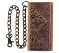 F&L CLASSIC RFID Blocking Mens Tri-fold Long Style Cowhide Leather biker Steel Chain Wallet, brown with eagle head, Classic