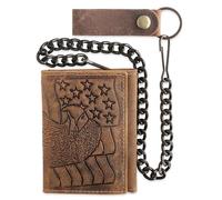 F&L CLASSIC RFID Blocking Men's Tri-fold Vintage Biker Cowhide Leather Steel Chain Wallet,Snap closure,USA, brown 101, 4 3/8" x 3 3/8" x ½", Eagle Flag Embossed