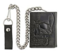 F&L CLASSIC RFID Blocking Men's Tri-fold Vintage Biker Cowhide Leather Steel Chain Wallet,Snap closure,USA, black 71, Skull Embossed