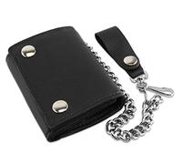 F&L CLASSIC RFID Blocking Men's Tri-fold Vintage Biker Cowhide Leather Steel Chain Wallet,Snap Closure, Made in USA, Black, Solid