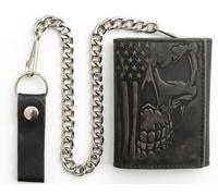 F&L CLASSIC RFID Blocking Men's Tri-fold Vintage Biker Cowhide Leather Steel Chain Wallet,Snap closure,USA, black 203, Skull/Flag Embossed