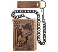 F&L CLASSIC RFID Blocking Men's Tri-fold Vintage Biker Cowhide Leather Steel Chain Wallet,Snap closure,USA, brown 103, 4 3/8" x 3 3/8" x 1/2", Skull/Flag Embossed