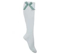 F & S LTD 3 X Pairs of Girls Children's Gingham White Long Knee High Socks With Colored Check Bow Uniform Back School (Shoe Size 6-8.5 (2-4 Years), Green)