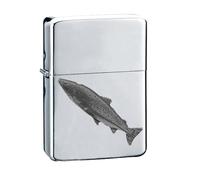 F32 Atlantic Salmon fish BLACK FINISH fine English Pewter on a chrome silver wind proof ligher flip top petrol refillable