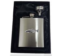 F32 Atlantic Salmon Fish English Pewter Emblem on 6oz Stainless Steel Hip Flask Captive Top