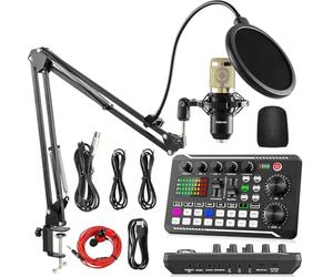 F998 Podcast Equipment Bundle, Audio Interface & BM800 Condenser Microphone with Tripod Stand, Professional Recording Studio Package for Live Streaming, Broadcast, Rec F998 + BM800 Mic Cantilever Set