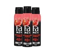 Fa Men Attraction Force Deodorant & Body Spray (3 x 150 ml), Deodorant Spray with Seductive Fragrance, Deodorant without Aluminium for up to 48 Hours of Protection, Leaves No Residue
