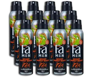 Fa Men Deodorant Spray Sport Energy Boost (12 x 150 ml), Antiperspirant with up to 72 Hours Protection Against Sweat and Body Odour, Deodorant with the Activating Fragrance of Ginger and Lemon