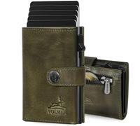 Fa.Volmer POP-UP Card Case with Coin Compartment Made of Genuine Leather for Men and Women, 12 Cards, RFID Protection, Wallet VO45, Hunter Green, Kleines Münzfach, Large coin compartment
