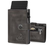 Fa.Volmer POP-UP Card Case with Coin Compartment Made of Genuine Leather for Men and Women, 12 Cards, RFID Protection, Wallet VO45, Basalt Grey, Kleines Münzfach, Large coin compartment