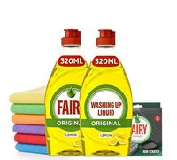Faaiiry Original Washing Up Liquid 320ML 2 Pack with Griddle Mat Non-Scratch Sponge Scourers - 6 Pack Assorted Microfiber Cloth - Lemon Dishwashing Liquid & Kitchen Cleaning Kit - Gentle on Hands