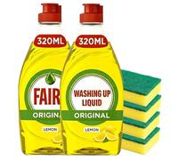 Faaiiry Original Washing Up Liquid 320ML 2 Pack Yellow with 4 x Scourer Sponge - for Kitchen Grease Cutting Dishwasher Liquid Cleaning with Long-Lasting Lemon Scent - Gentle on Hands
