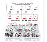 Faankiton 180PCS Single Ear Hose Clamp, Pipe Clamps Fuel Line Clip, 304 Stainless Steel Adjustable Cinch Clamps, 13 Sizes 7-27.1mm Crimp Stepless Hose Clamp Assortment Kit, Hose Clips Set