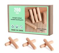 Faankiton 200 Pieces Wooden Dowel Pins 10x40mm, Straight Grooved Wooden Dowel with Bevelled End, Fluted Hardwood Wooden Dowel Pins, Fluted Wooden Dowel for Crafts, Furniture, etc.