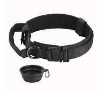 Faankiton Tactical Dog Collar Military Dog Collar Adjustable Nylon Dog Collar Heavy Duty Metal Buckle Strap Handle For Dog Training with One Foldable Dog Bowl (L, Black)