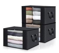 Fab totes 3-Pack Clothes Storage, Foldable Blanket Storage Bags, Storage Containers for Organizing Bedroom, Closet, Clothing, Comforter, Organization and Storage with Lids and Handle, Black