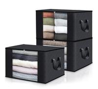 Fab totes 3-Pack Clothes Storage, Foldable Blanket Storage Bags, Storage Containers for Organizing Bedroom, Closet, Clothing, Comforter, Organization and Storage with Lids and Handle, Black