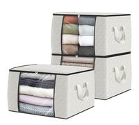 Fab totes 3 Pack Clothes Storage, Foldable Thick Fabric Blanket Storage Bags, Containers for Organizing Bedroom, Closet, Clothing, Comforter,Organization with Handle,Ivory White
