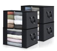 Fab Totes 4 Pack Clothes Storage Bags - Foldable Thick Fabric Blanket Containers for Organizing Bedroom, Closet, Clothing, Comforter - With Handle, Black