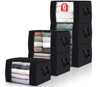 Fab totes 6 Pack Clothes Storage, Foldable Blanket Storage Bags, Storage Containers for Organizing Bedroom, Closet, Clothing, Comforter, Sweater, Organization and Storage with Lids and Handle, Black