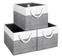 Fab totes Storage Bins [3-Pack], Foldable Storage Baskets for Organizing Toys, Books, Shelves, Closet, Large Storage Box with Rope Handles, Sturdy Organizer Bins, White & Grey