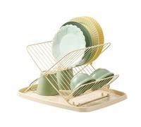 FAB4HOME Folding Dish Drainer Plate Drying Steel Rack Foldable 2-Tier Dish Drainer Rack with Drip Tray Collapsible Dish Drying Rack Metal Plate Organizer for Kitchen (Cream)