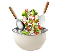 FAB4HOME Salad Bowl and Server Set Stainless Steel Salad Mixing Bowl with Salad Spoon & Fork Large Metal Kitchen Bowl for Food Preparing and Serving, 26cm, Dishwasher Safe (Cream)