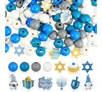 Fabbay 200 Pcs Hanukkah Wooden Beads Happy Hanukkah Beads for Craft Chanukah Blue White Decor Menorah Dreidel Star of David Hanging Decoration for Charm Jewelry Making DIY Craft Party Decoration