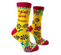Fabdaz Y'all Need Jesus Funny Novelty Crew Socks for Women - 1 Pair - 1 Size Fits Most, Multicolor, One size