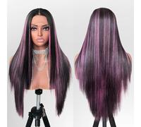 FABÉLLE Black and Pink Highlight Lace Front Wig Pre Plucked with Baby Hair Glueless 26 Inches Long Straight for Women Pink Forehead Synthetic 33*10*1 Lace Front Wig