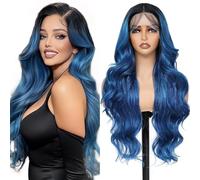 FABÉLLE Blue Wig 30 Inch Lace Front Glueless Swiss Heat Resistant Synthetic Women Peacock Blue Color with Baby Hair Pre Curled Body Wig